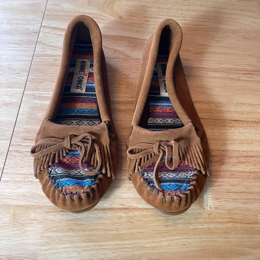 Minnetonka Arizona Fabric Kilty Moccasins Brown Suede Beaded Womens 7.5 402K